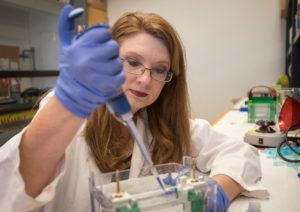 a student using a syringe to fill multiple test tubes