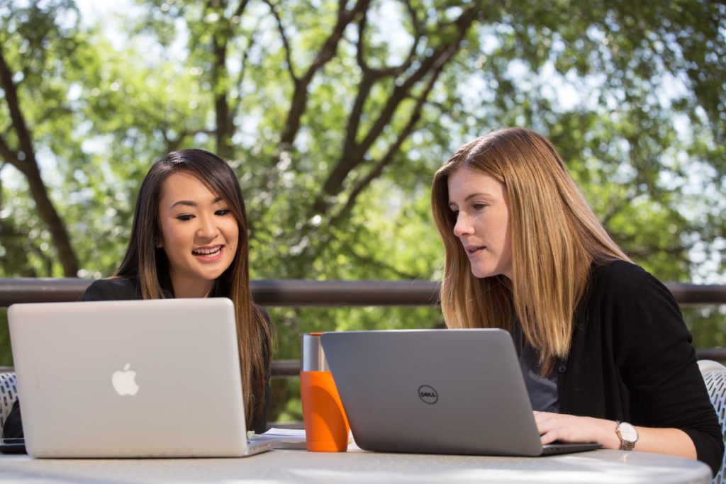 students on laptops working outdoors