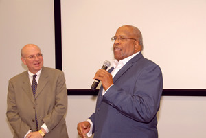 Left: Dean Kurz with new Interim Dean Dr. Dennis Thombs Right: Reverend Ralph Emerson wishes Dr. Kurz well in his retirement