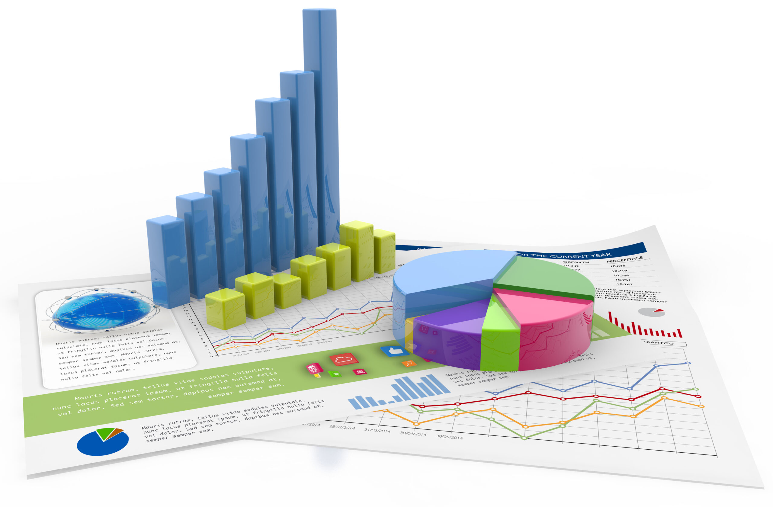 Bar Graph, Pie Chart And Diagrams Isolated On White, 3d Illustration